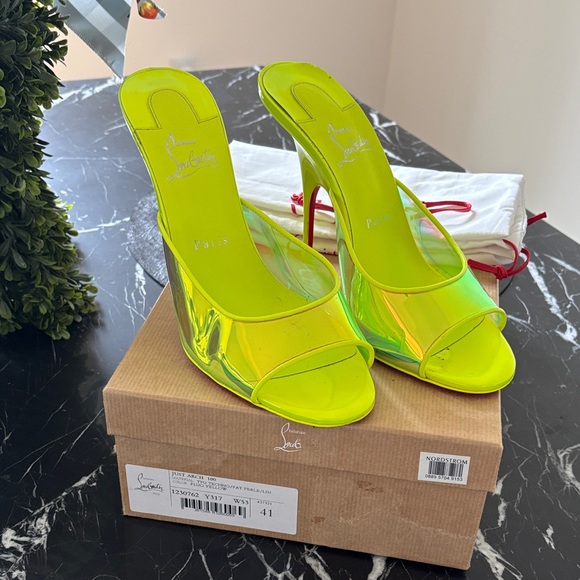Christian Louboutin Shoes - Christian Louboutin Iridescent Neon Yellow Slide Heels